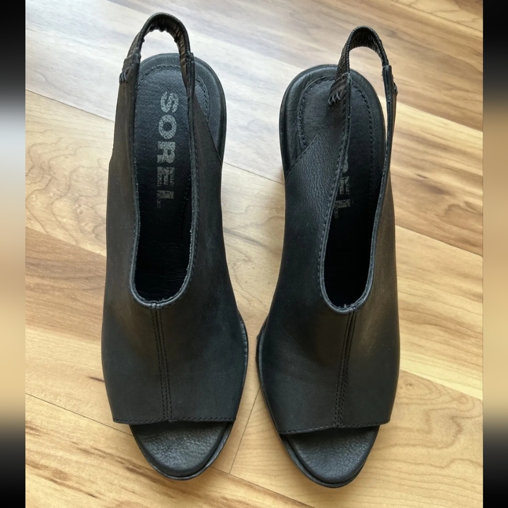 Sorel After Hours Slingback Wedge Sandal Black Open Toe Women Sz 7 Leather